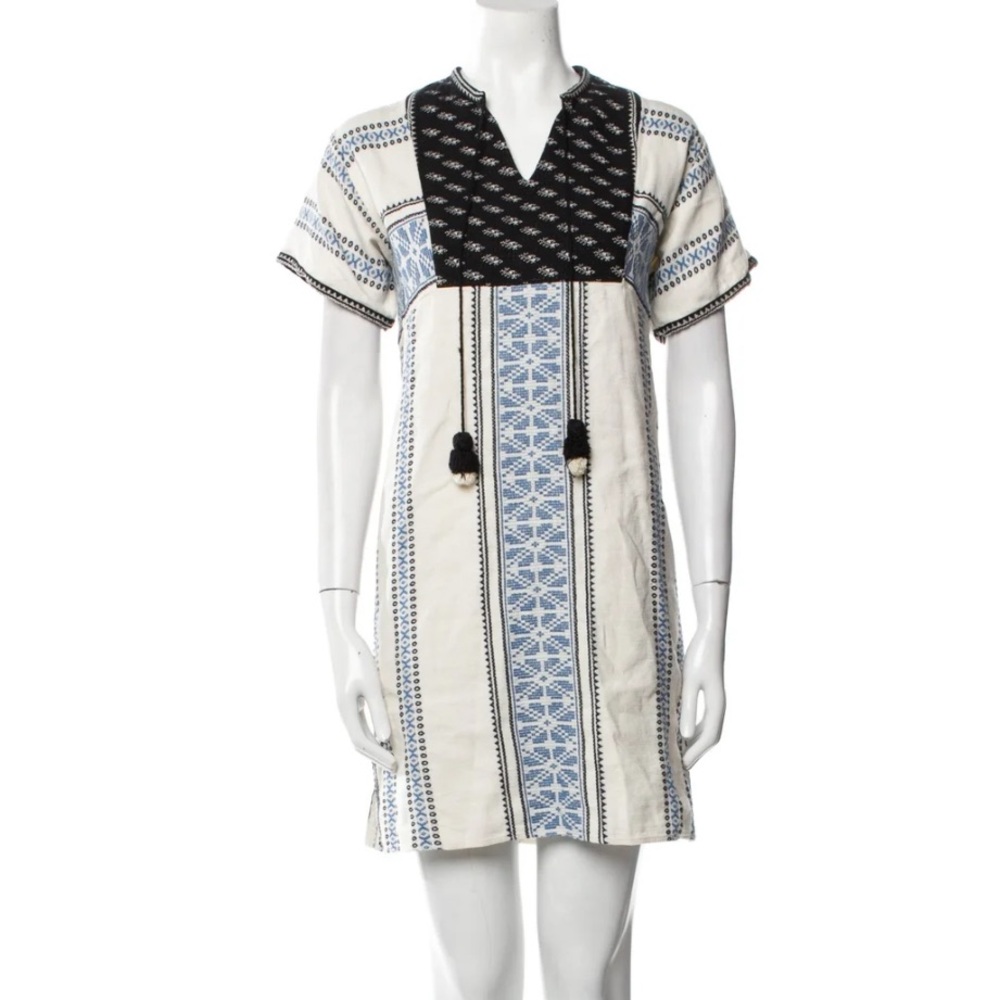 Sea New York Cream White & blue Embroidered stripe Print Mini Shift Dress size 0